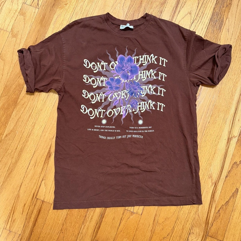 Bershka Shirt Womens‎ XS Graphic Tee Overthink Quote Floral Casual Streetwear